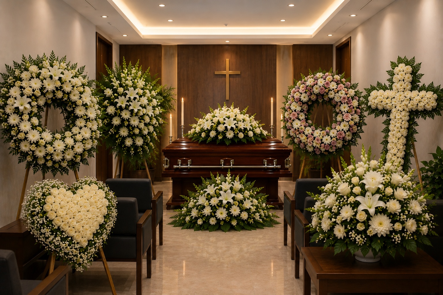 Capilla con coronas fúnebres y arreglos florales para entrega en panteón por Flores.Guru