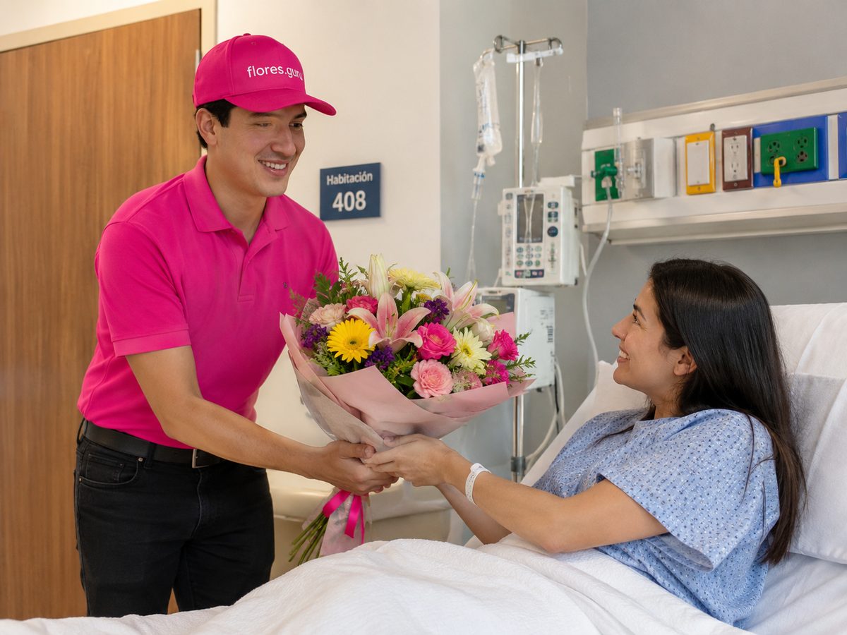 Repartidor de Flores.Guru entregando un ramo en un hospital de CDMX